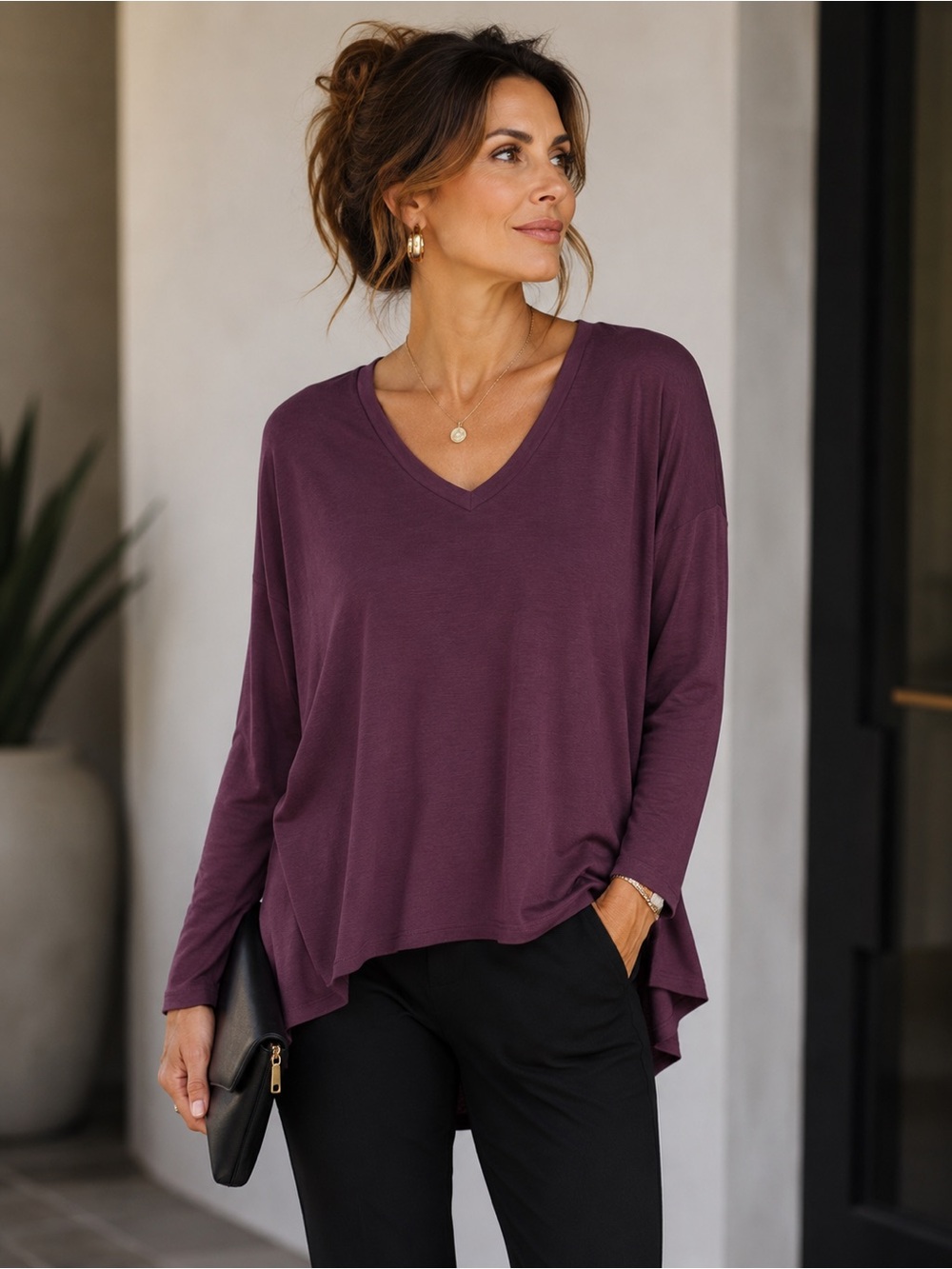 ZENANA WOMENS PLUM COLOR LONG SLEEVE V-NECK TUNIC SIZE 1X